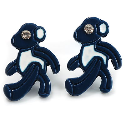 Small Dark Blue Diamante Teddy Bear Stud Earrings