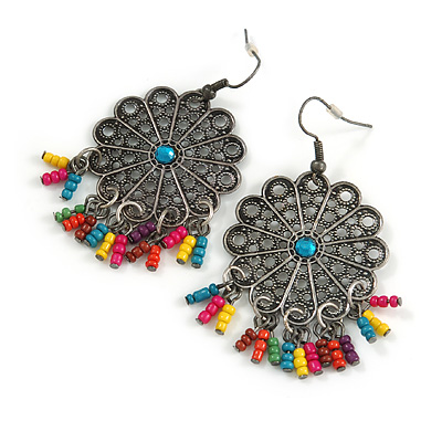 Floral Filigree Beaded Drop Earrings (Antique Silver) - 6cm Drop
