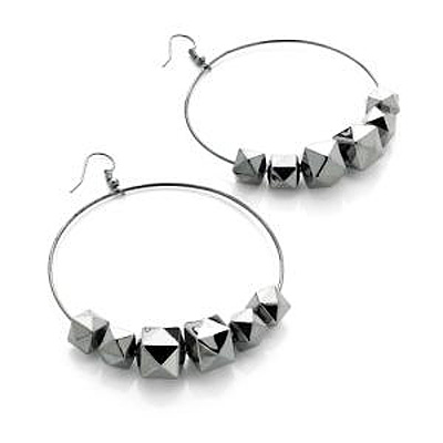 Gun Metal Square Bead Hoop Drop Earrings - 6cm Diameter