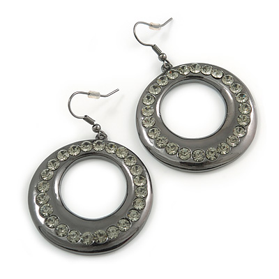 Gun Metal Diamante Hoop Drop Earrings - 4cm Diameter
