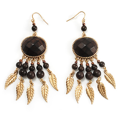 Dark Brown Wood Feather Dangle Earrings (Gold Metal)