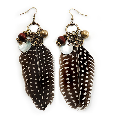 Long 'Charm & Feather' Drop Earrings - 13cm Length