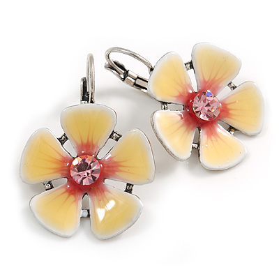 Cream/Pink Enamel Daisy Drop Earrings (Silver Plated Metal) - 3cm Length
