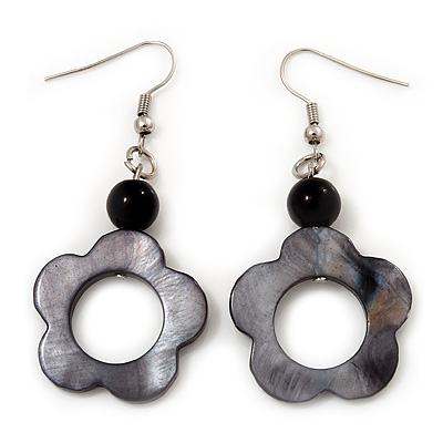 Dark Grey Open Flower Shell Drop Earrings (Silver Metal Finish) - 5.5cm Drop