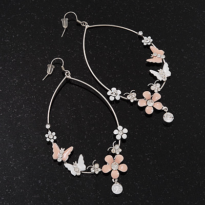 Long Oval Hoop Enamel Butterfly Earrings (Rhodium Plated Finish) - 10cm Length