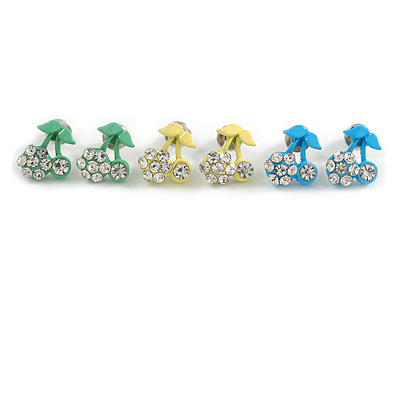 Tiny Yellow/ Green/ Blue Enamel Diamante Sweet 'Cherry' Stud Earring Set In Silver Tone Metal - 10mm D