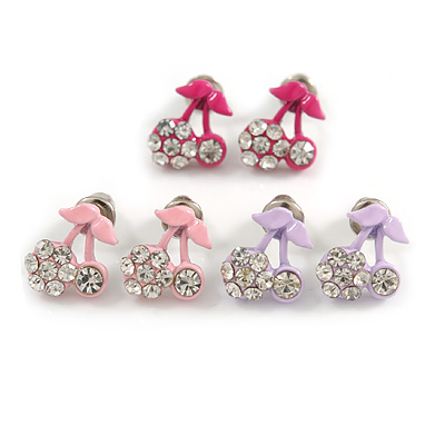 Tiny Light Pink/ Deep Pink/ Lavender Enamel Diamante Sweet 'Cherry' Stud Earring Set In Silver Tone Metal - 10mm D