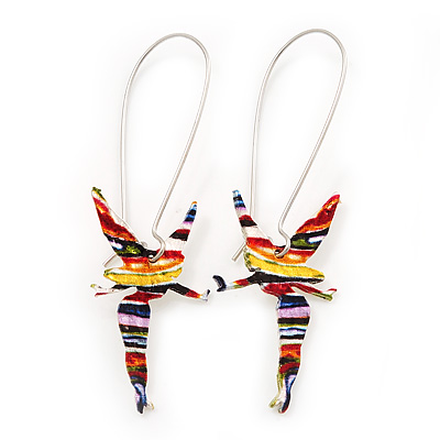 Cute Multicoloured Enamel 'Fairy' Drop Earrings In Rhodium Plated Metal - 6cm Length