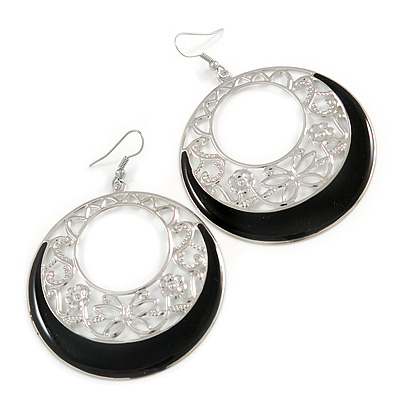 Silver Tone Black Enamel Cut Out Hoop Earrings - 7.5cm Drop