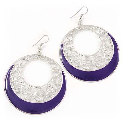 Silver Tone Purple Enamel Cut Out Hoop Earrings - 7.5cm Drop