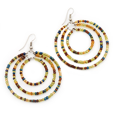 Lime Green/Brown Glass Bead Hoop Earrings In Silver Finish - 6.5cm Length