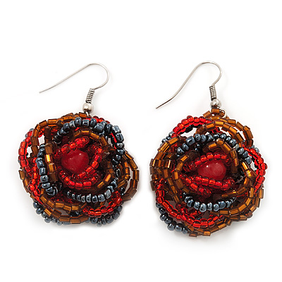 Red/Orange/Hematite Glass Bead Dimensional 'Rose' Drop Earrings In Silver Finish - 4.5cm Drop