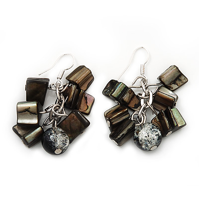Black/Grey Shell Composite Cluster Drop Earrings In Silvertone Metal - 4cm Length