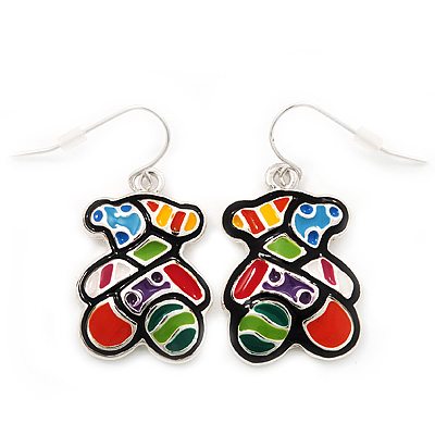 Funky Multicoloured Enamel 'Bear' Drop Earrings In Silver Tone Metal - 3.5cm Length