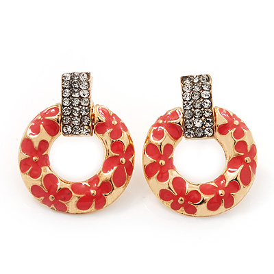 Gold Plated Coral Pink Enamel Diamante 'Circle' Drop Earrings - 2.5cm Length