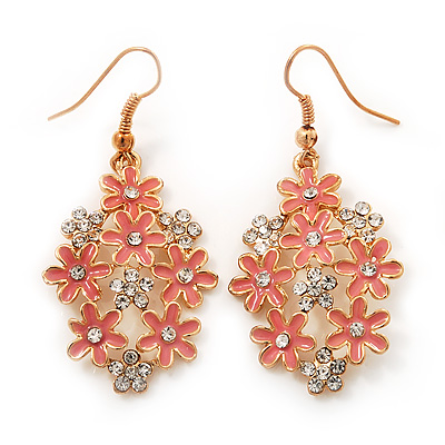 Pink Enamel Clear Crystal Floral Drop Earrings In Gold Plating - 5cm Length