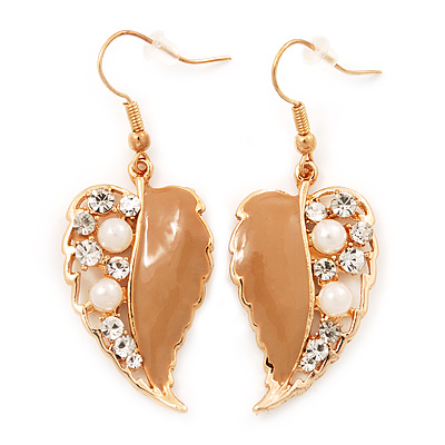 Gold Plated Beige Enamel Crystal & Simulated Pearl 'Leaf' Drop Earrings - 5cm Length