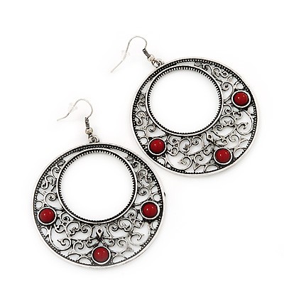 Burn Silver Filigree Hoop Earrings With Red Stone - 6.5cm Drop