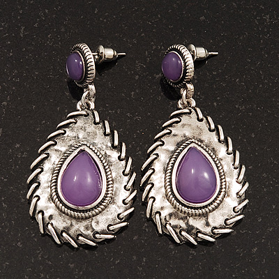 Burn Silver Teardrop Purple Resin Stone Drop Earrings - 5cm Length