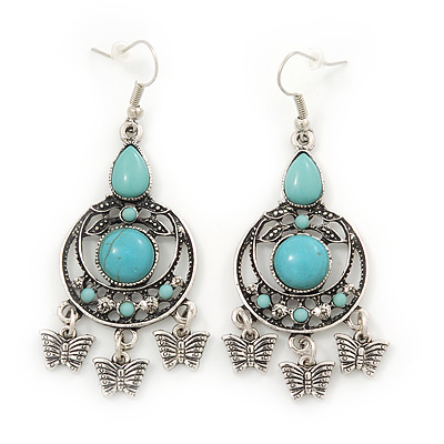 Burn Silver Turquoise Stone Butterfly Drop Earrings - 7cm Length