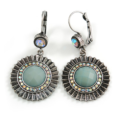 Burn Silver Round Diamante Turquoise Coloured Acrylic Drop Earrings - 5cm Length
