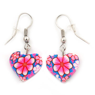 Children's Small Pink Acrylic 'Heart' Drop Earring In Silver Plating - 3cm Length