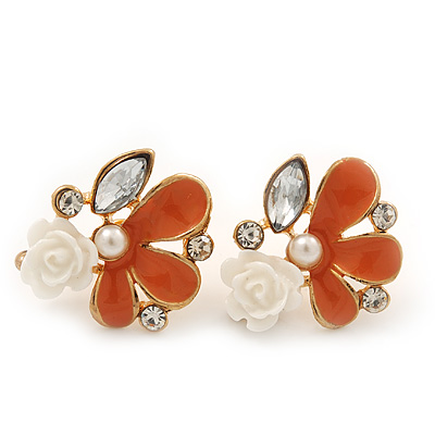 Coral Enamel Diamante 'Rose' Stud Earring In Gold Plating - 2cm Diameter