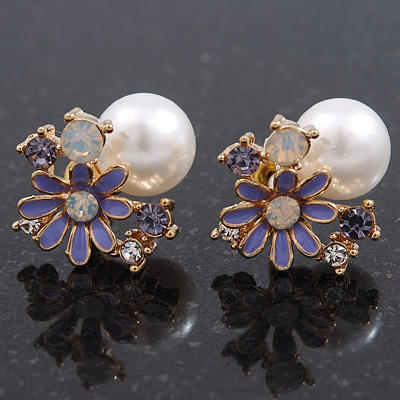 Purple Enamel Simulated Pearl Floral Stud Earrings In Gold Plating - 18mm Diameter