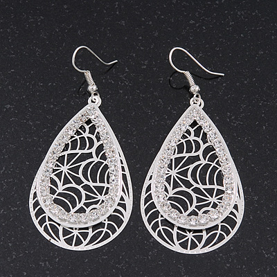 Silver Plated Crystal Filigree Teardrop Earrings - 6.5cm Length