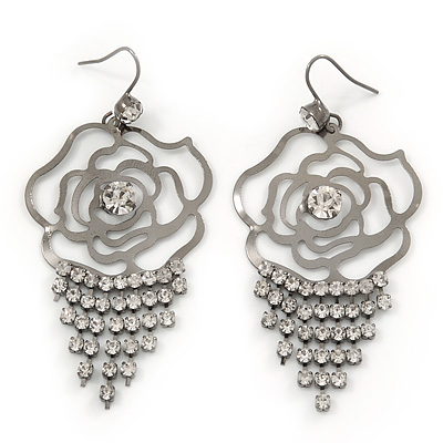 Open Cut Diamante 'Rose' Drop Earrings In Gun Metal Finish - 6.5cm Length