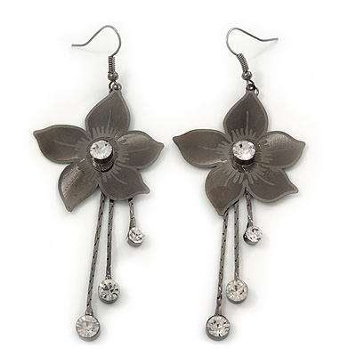 Long Flower With Crystal Dangles Earrings In Gun Metal Finish - 9cm Length