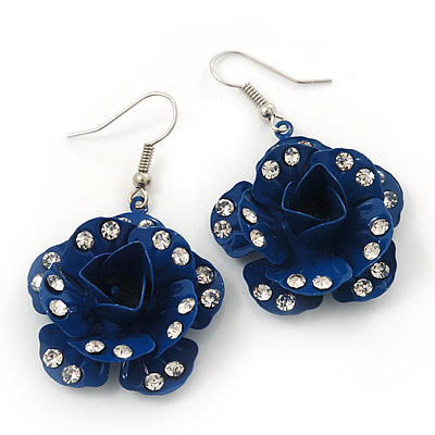 3D Dark Blue Diamante 'Rose' Drop Earrings In Silver Plating - 5cm Length