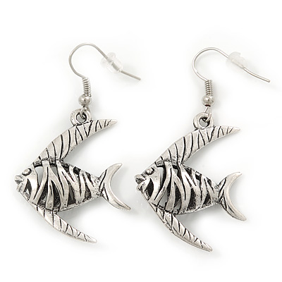 Burn Silver Hammered 'Fish' Drop Earrings - 4.5cm Length