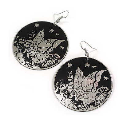 Black/Silver Round 'Butterfly' Drop Earrings - 6cm Length