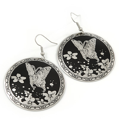 Silver/Black Round 'Butterfly' Drop Earrings - 6cm Length