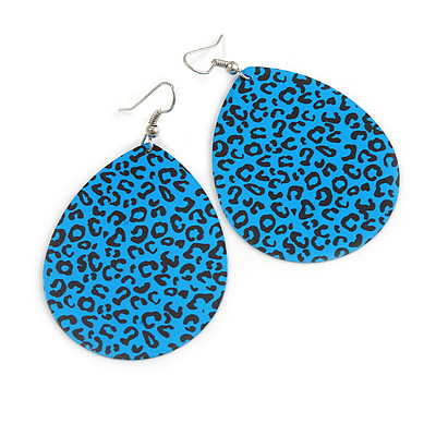 Long Blue 'Animal Print' Teardrop Metal Earrings - 6.5cm Length