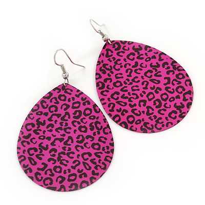 Long Deep Pink 'Animal Print' Teardrop Metal Earrings - 6.5cm Length