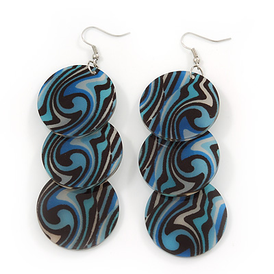 Long Black/Blue Stripy Acrylic Disk Drop Earrings In Silver Plating - 9cm Drop