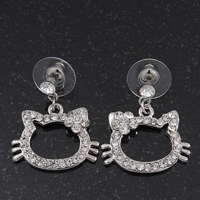 Cute Open Cut Diamante 'Kitten' Drop Earrings In Rhodium Plating - 3cm Length
