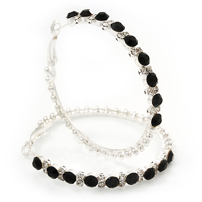 Black/Clear Crystal Hoop Earrings In Rhodium Plating - 5.5cm Diameter