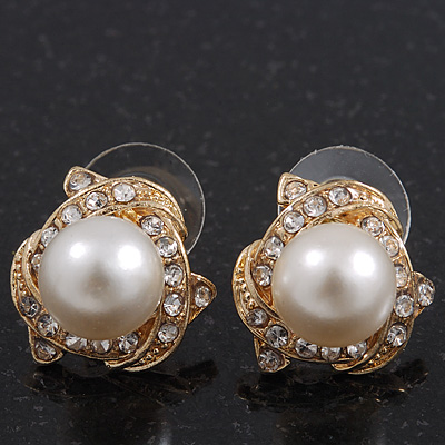 Classic Diamante Faux Pearl Stud Earrings In Gold Plating - 18mm Diameter