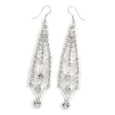 Silver Plated Diamante Chandelier Earrings - 9cm Length