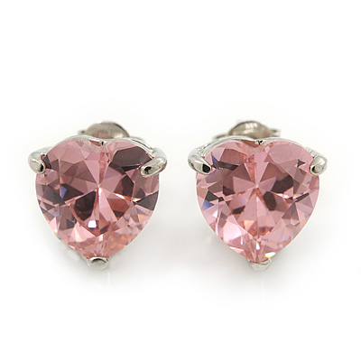 Classic Pink CZ 'Heart' Stud Earrings In Rhodium Plating - 11mm Diameter