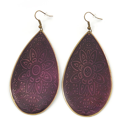 Long Purple Enamel Teardrop Earrings In Bronze Metal - 9.5cm Length