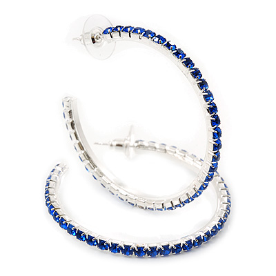 Sapphire Blue Coloured Crystal Hoop Earrings In Rhodium Plating - 5cm Diameter