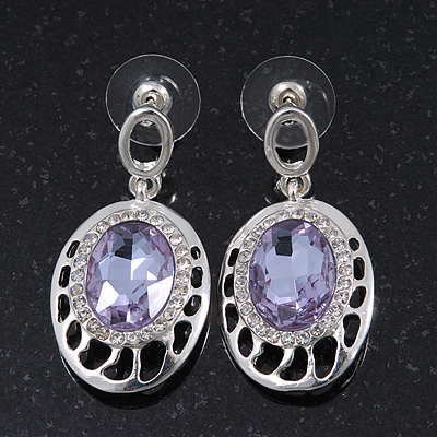 Light Amethyst CZ Crystal Oval Drop Earrings In Rhodium Plating - 35mm Length