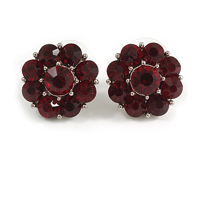 Ruby Red Coloured Crystal 'Flower' Stud Earrings In Rhodium Plating - 18mm Diameter