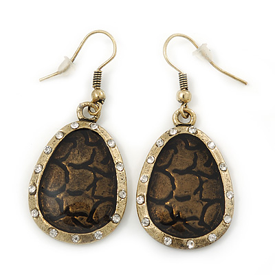 Vintage 'Cracked Effect' Diamante Teardrop Earrings In Burn Gold - 4.5cm Length