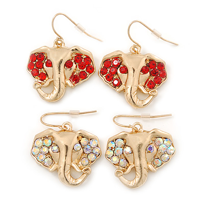 Gold Plated AB & Red Crystal Elephant Earrings - 2 Pc Set - 33mm Length