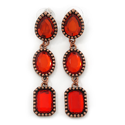 Red Acrylic Bead Linear Drop Earrings In Bronze Metal - 65mm Length